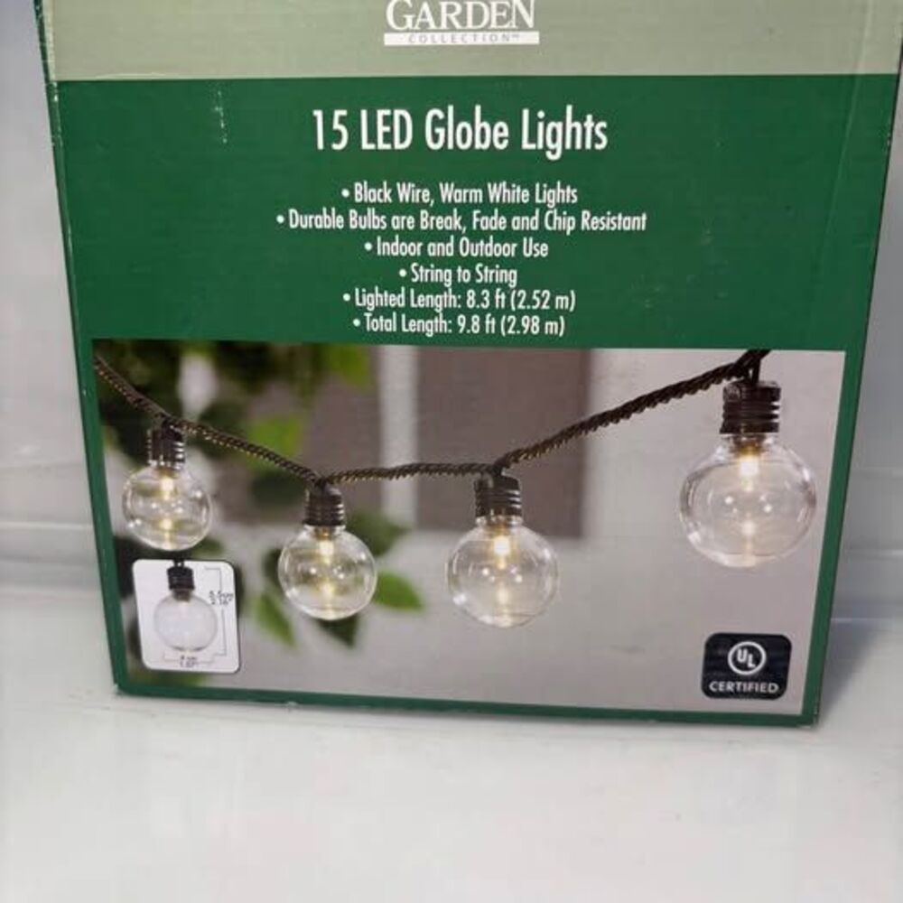 Garden Collection 15 LED Globe String Lights Warm White Indoor Outdoor 9.8 ft